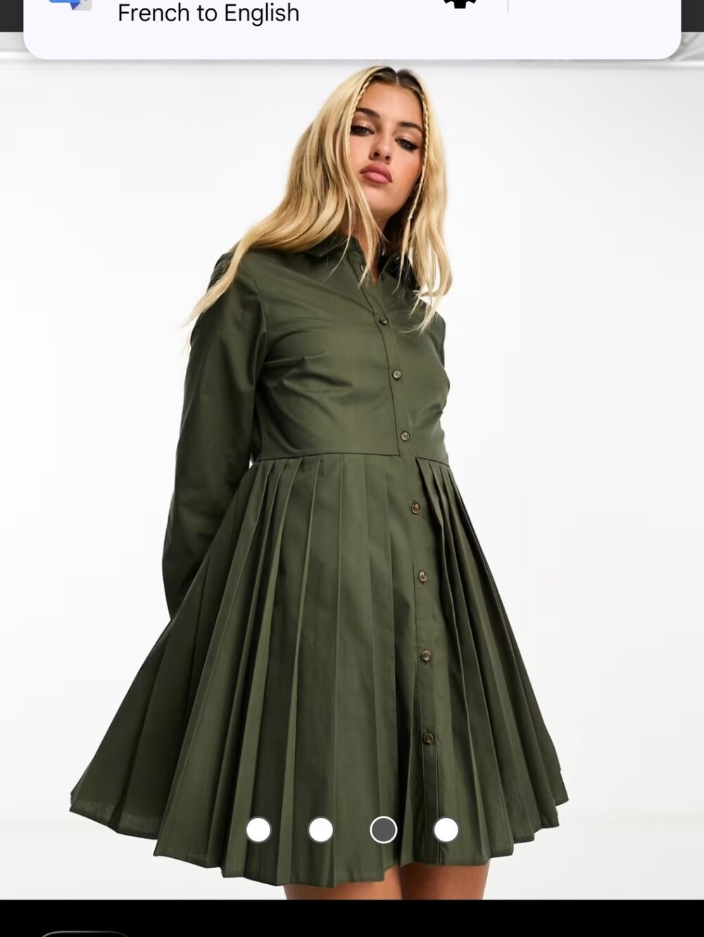 Miss Selfridge Olive Shirt Dress with Pleated Skirt Detail Size 4